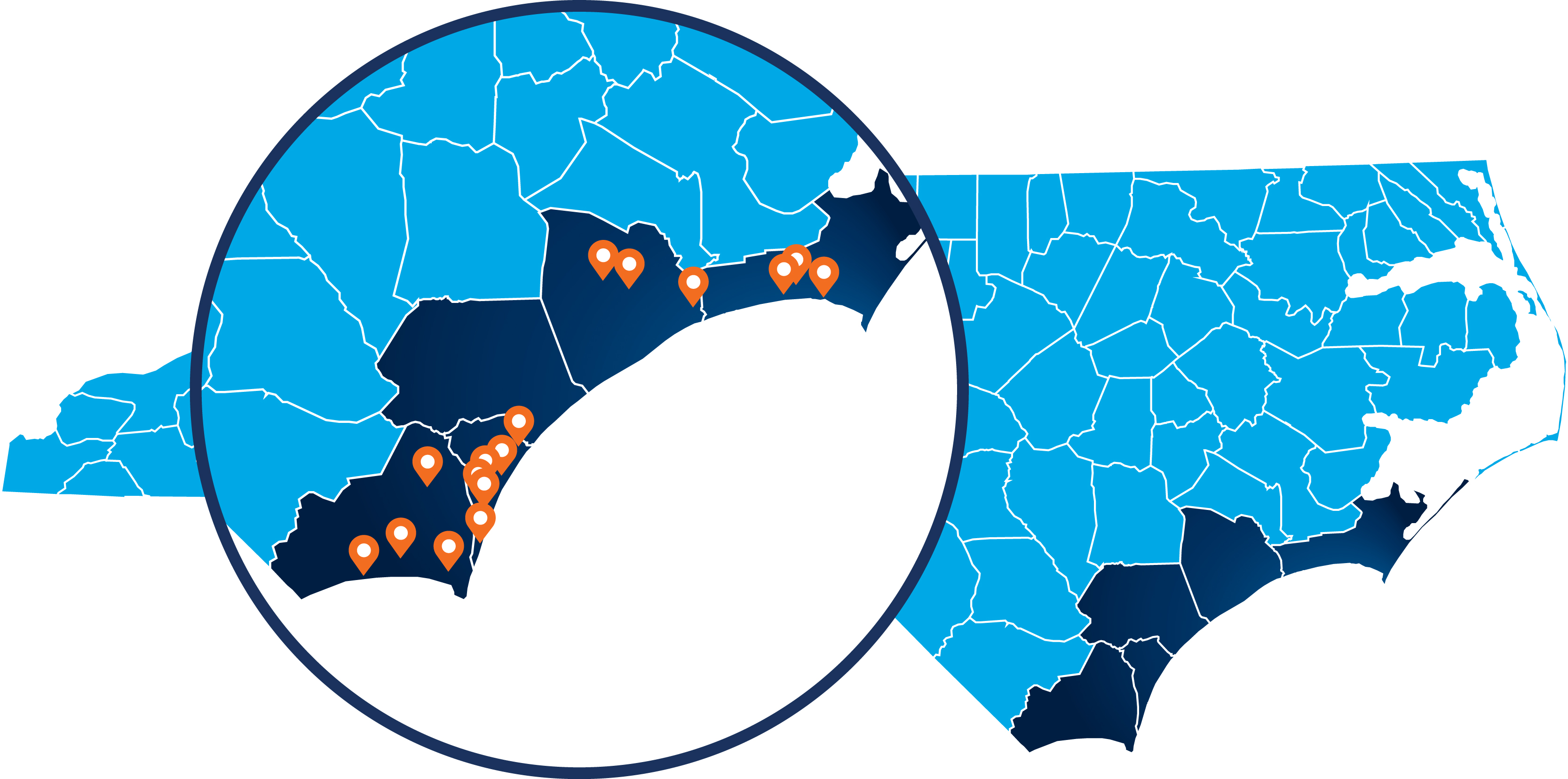 EmergeOrtho Coastal Region Location Map of Coastal Region of North Carolina